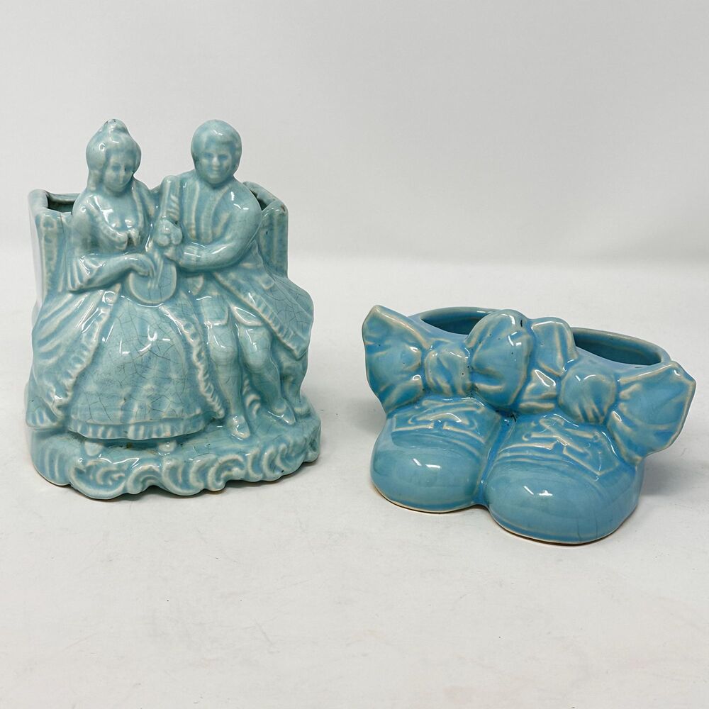 Vtg Aqua Blue Pottery Lot McCoy Baby Shoes Cameron Courting Couple Planter READ